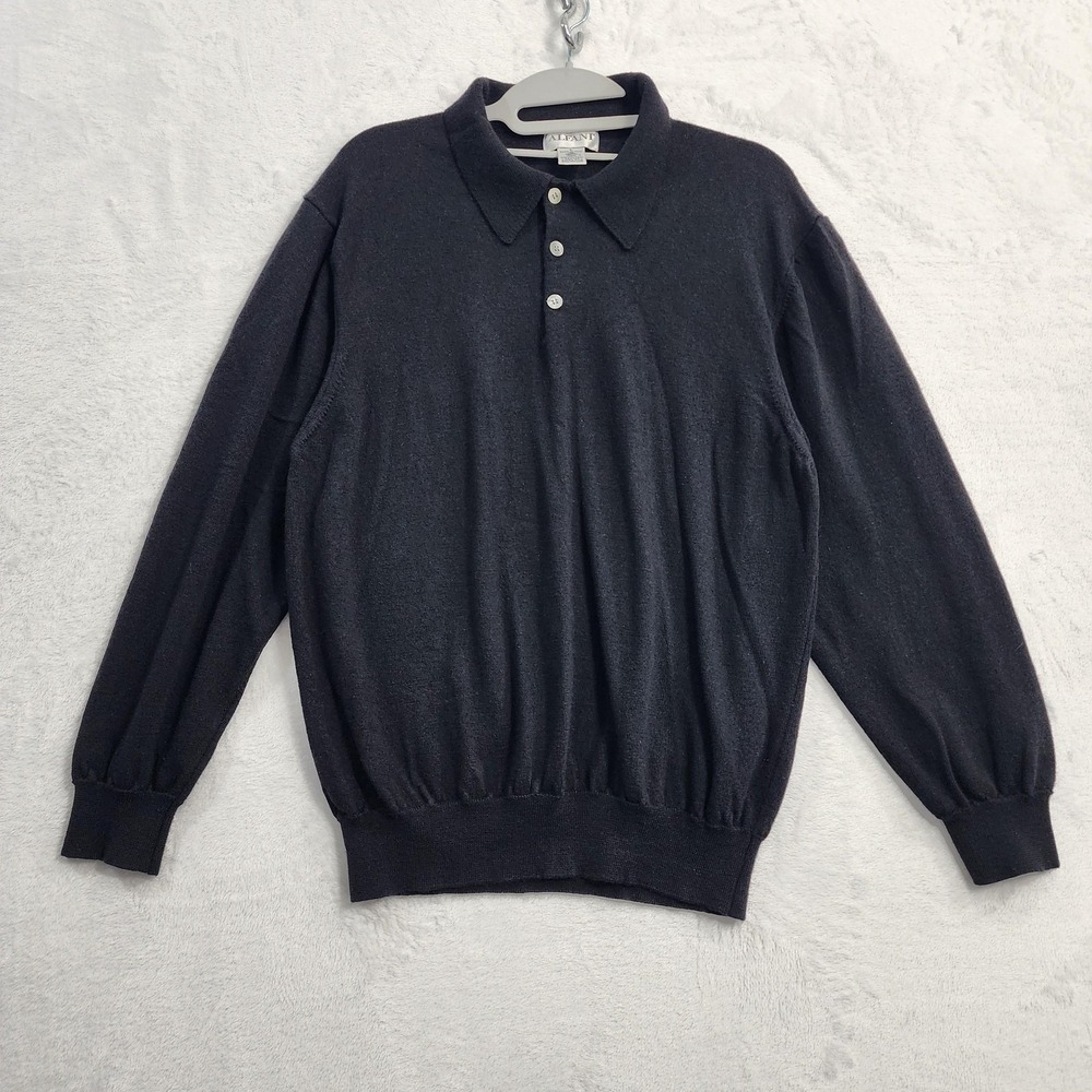Vintage Alfani Sweater Mens L Black Pure New Wool‎ Collared Polo Pullover Preppy